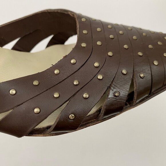 Charles David Brown Leather Studded Pointed Toe High Heels Ankle Strap Size 40 - Picture 5 of 10